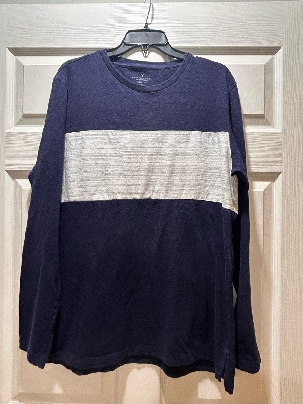 American Eagle Outfitters Navy and Cream Colorblock Crewneck Sweater